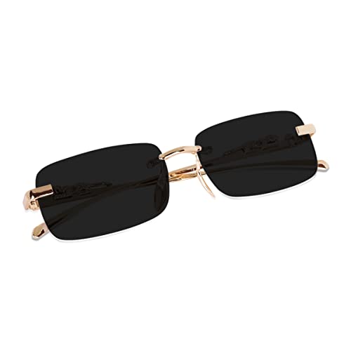 Image of Sunglasses Rimlass Luxury Vintage Rectangular Premium Designer UV400 Protected | Gold Frame Unisex Eyewear (Black)