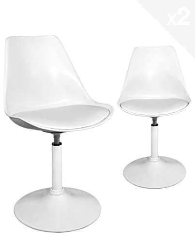 KAYELLES Silla giratoria giratoria diseño retro vintage, asiento de plástico suave, cojín de piel sintética integrado, base de metal con silicona antideslizante NOSA – Juego de 2 unidades (blanco)