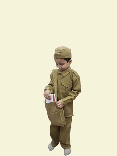 Image of BookMyCostume Indian Postman Dakiya with Classic Khaki Cap and Bag Community Helper Kids Fancy Dress Costume 10-12 years