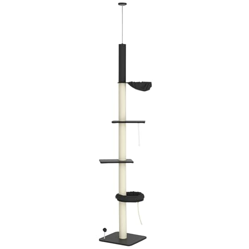 PawHut Albero per gatti dal pavimento al soffitto, 5 livelli regolabili in altezza con tiragraffi, amaca, letto per gatti da interno, 240-270 cm, nero