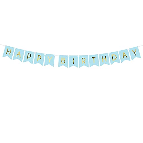 PartyDeco Striscione Festone di Bandierine Celesti con Scritta Happy Birthday Oro 175 cm