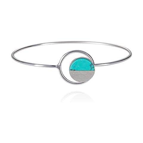 namana Disc Bangle Bracelet. Brushed Finish Geometric Bangle with Created Blue Turquoise or White Agate. 14ct Gold Plated or Silver Coloured Bangle for Women Cover