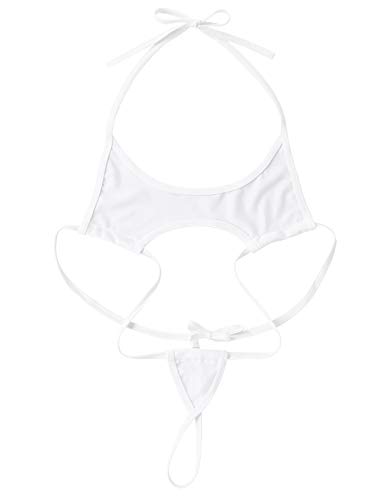 MSemis Women Slingshot Teardrop Mini Bikini G-String Weeny Thongs Underwear White Halter Neck Medium