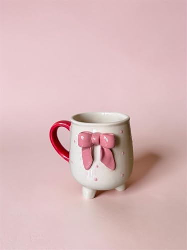 Image of Pink Bow Ceramic Mug with Legs | Cute Aesthetic Coffee Cup for Girls | Unique Designer Tea Mug | Microwave & Dishwasher Safe | Gift for Birthday, Friends & Special Occasions