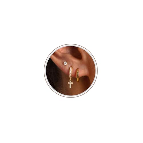 Image of Freekiss 3 Pairs Gold Hoop Earrings Set: Dainty Stud Earrings Trendy Small 14K Gold Plated Hypoallergenic Dangle Cartilage Huggie Hoop Earrings for Women Gold Jewelry for Women Gifts