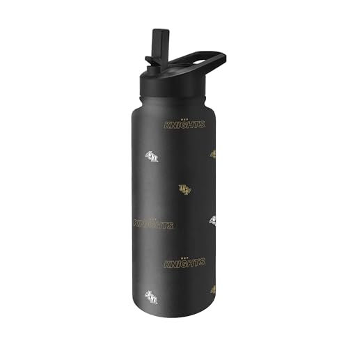 Image of Logo Brands NCAA Central Florida Golden Knights Step & Repeat 34 oz Stainless Steel Quencher Bottle - All Over Logo Design, No-Spill Lid, Easy Carry Handle - Keeps Drinks Cold For Hours
