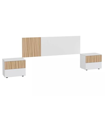 CAMBIA TUS MUEBLES CTM® Dormitorio Edith – Cabecero 160 cm Reversible + 2 Mesitas 2 Cajones, Blanco y Madera 3D, Estilo Nórdico Moderno