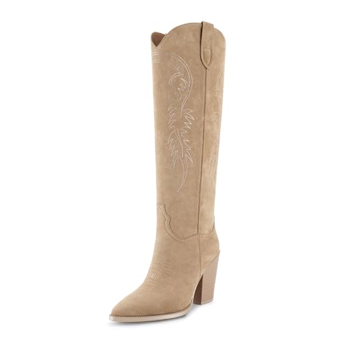 ISNOM Nude Cowboy Boots for Women Cowgirl Boots for Women Western Boots Women Knee High Cowboy Boots for Women Knee High Western Boots Tall Cowboy Boots Women Wide Calf Cowboy Boots