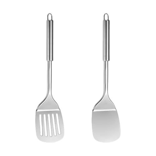 2-Piece Stainless Steel Spatulas Set - ShiningUU Silver Slotted Turner & Solid Turner, Metal Spatula for Fish Slicer, Eggs, Pancakes, Heat Resistant, Dishwasher Safe, Easy to Clean, Kitchen Essentials