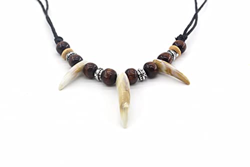 Collier pour homme dent d'os avec pierre et corde ajustable style tribal