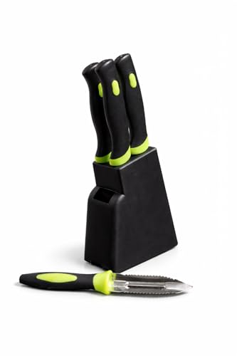 Image of 5-Piece Kitchen Knife Set with Stand, Stainless Steel Blades, Includes Peeler, 14x9x4 cm Block Multicolour (Black, 5pcs Knife Black)
