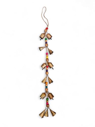 Mango Gifts Decorative String of 13 Rustic Metal Vintage Indian Style Wall Hanging Bells 72 cm Height, Boho Theme Wind Chimes, Cow Bells on Rope