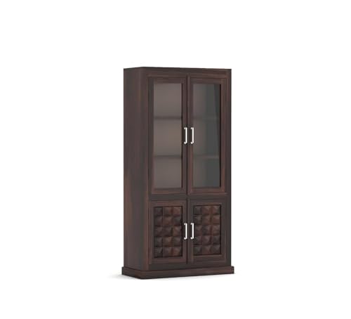 Image of Sheesham Wood Bookshelf with Glass Door for Home Library Solid Wood Bookcase Wooden Crockery Cabinet for Kitchen Book Shelf (Walnut Finish)