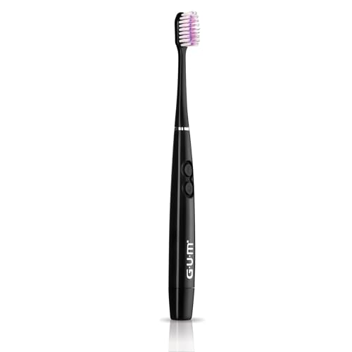 Image of GUM Sonic Powered Toothbrush, Black, 1 Handle + 2 Refills | 12,000 sonic vibrations, & tapered bristles help reach below gumline, 1 AAA battery, Travel cap, 2 replacement heads included
