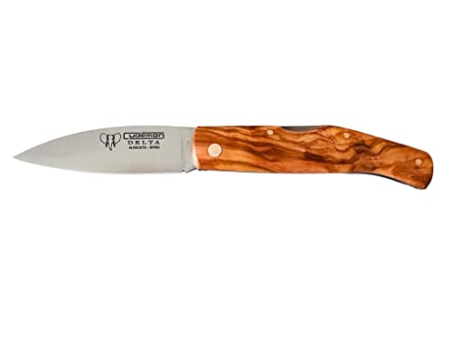 Navaja Cudeman Solsona Delta 344-L Hoja de Acero ACX-380 de 8,5 cm empuñadura de olivo de 11 cm y bloqueo trasero para Caza, Pesca, Supervivencia y bushcraft + Portabotellas Regalo (Sin funda)