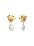 SINGULARU - Pendientes Shelly Perla. Acero con Baño en Oro de 18 Kt y Perla Cultivada. Joyas Para Mujer.