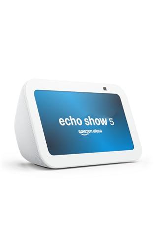 Amazon Echo Show 5 (latest model) | Smart display with Alexa, 2x bass speaker, clearer sound, camera for home monitoring, bluetooth | White view 1