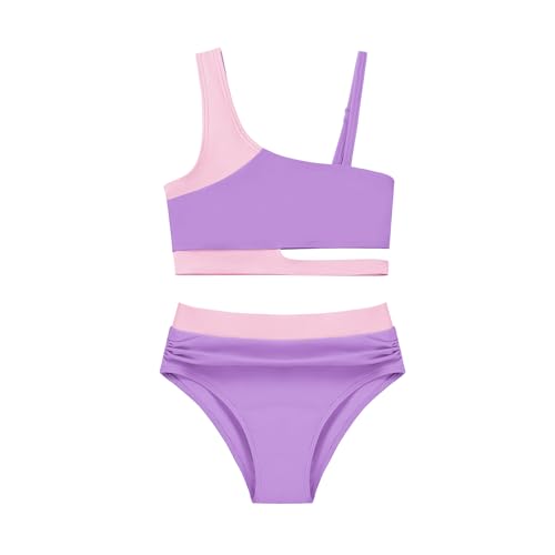 Bkixhv Girls 2 Piece Bathing Suits Kids Color-Blocking High Waist Bikini Set Teen Swimsuit Beach Swimwear for 3-10 Years Purple