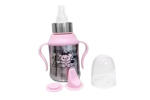 Stainless Steel Baby Feeding Bottle with Handles 250 ml | 3-in-1 Baby Sipper Cup with Silicone Nipple & Spout | BPA Free Infant Feeding Bottle for Babies & Toddlers (Pink)-picture-20