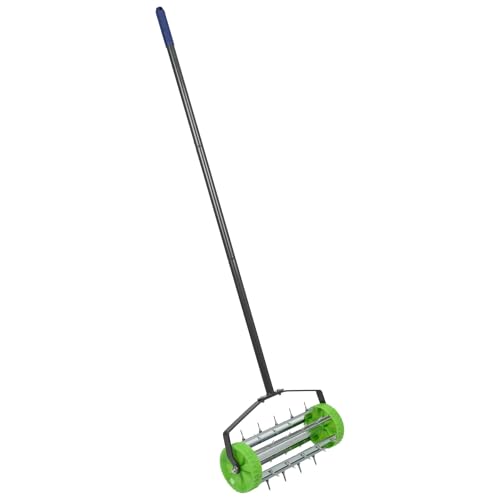 Harbour Housewares Rolling Lawn Aerator - Heavy Duty Manual Garden Tool with Spiked Drum - 40cm x 1.4m Grass Aeration Roller for Soil Turf Lawn Care Gardening & Scarifying - Green