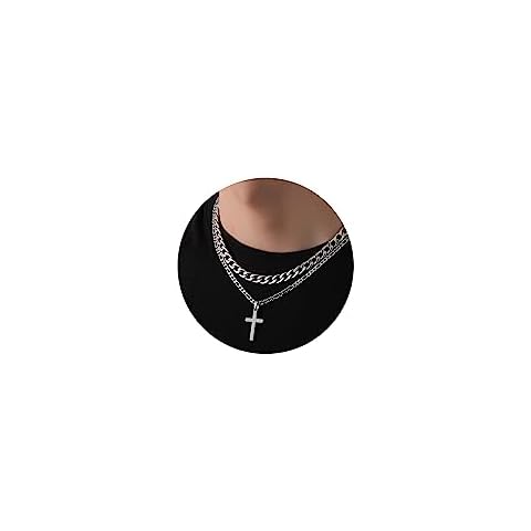 WEDDINEN Silver Cross Necklace for Men Boys, Double Stainless Steel Cross Pendant Figaro Layered Chain Necklaces Christian Religious Christmas Jewelry Gifts for Him Male Collar Cruz para Hombre Cover