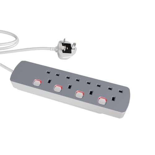 rhinocables 4 Gang Individually Switched UK Mains Extension Lead, Power Switch Extender with 4 sockets Grey/White (1m)
