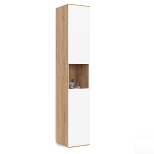IDMarket TOMI - Mueble de columna para cuarto de baño suspendido de 2 puertas, 1 nicho de haya y blanco