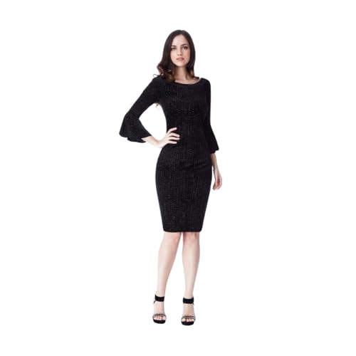Goddiva Glitter Velvet Bell Sleeve Midi Dress 12 Black