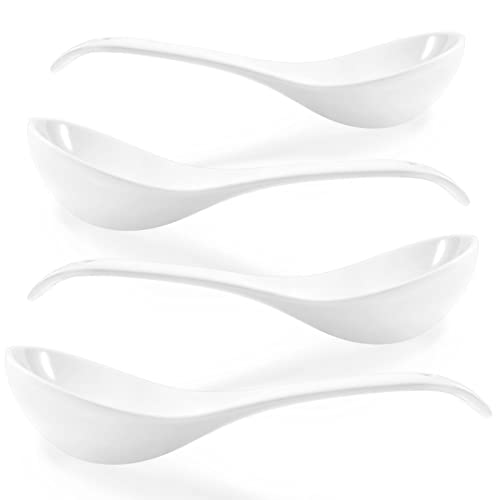 Artena Bright White 9 inch Large Soup Spoons, 4 Pieces Ultra-fine Porcelain Spoons, Asian Soup Spoons for Stews, Chinese Soup Spoons, Long Handle Big Japanese Spoons, Deep Oval Hook Design