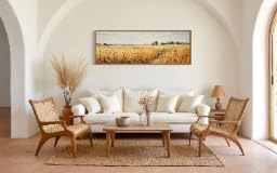 Impression sur toile champ de blé horizontal premium, décoration rustique rétro 55x165