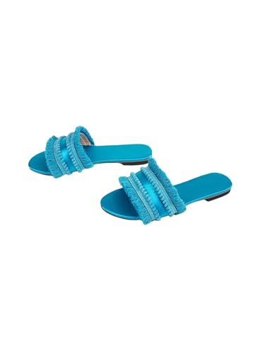 Image of OYOANGLE Women's Fringe Straw Sandals Crochet Open Toe Single Band Flat Slip On Sandals