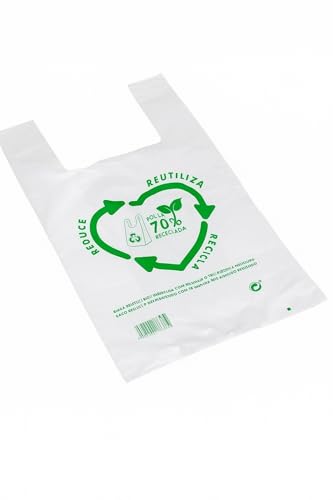 Bolsas plástico. Bolsas asas plástico. Bolsa Camiseta 50 micras 70% reciclado BLANCAS. Bolsa con asas. PACK de 50 unidades. Alta resistencia. (B30X40_)