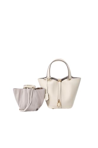 Genuine Leather Bucket Bag with Lock Closure, Vegetable Basket, Stylish and Versatile Shoulder bag, Spacious Tote Bag