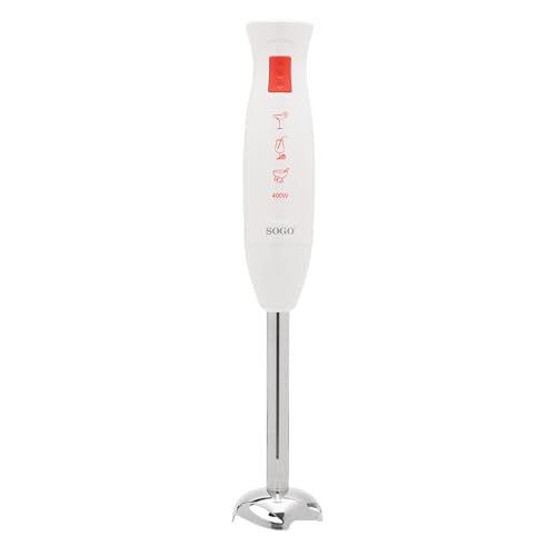 SOGO Batidora de Mano Eléctrica Multiusos con Cuchillas de acero inoxidable, Campana Antisalpicaduras, Velocidad Única, Color Blanco, Sin BPA (400W)