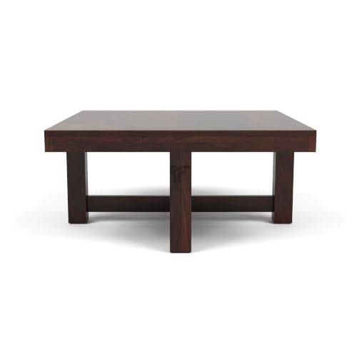 Image of ONIJA Solid Sheesham Wood Coffee Table with 4 Stools | Rosewood Centre Table with Cushioned Stool for Living Room (Urban, Walnut Finish)