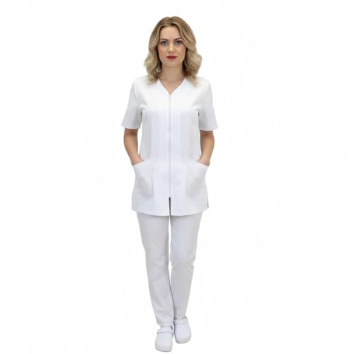 Uniformes completos de trabajo de mujer sanitaria con cremallera Casaca pantalón, Color blanco., S