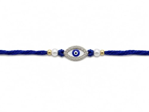Image of OZANA Premium Evil Eye Rakhi for Brother | Blue Nazar Protection Rakhi with Crystal Studded Eye Charm, Pearl Beads & Adjustable Thread
