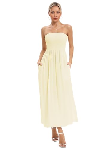 Image of Aigeman Women Strapless Tube Maxi Dress Flowy Swing Long Beach Sundress Sleeveless Boho Summer Dress with Pokets 330