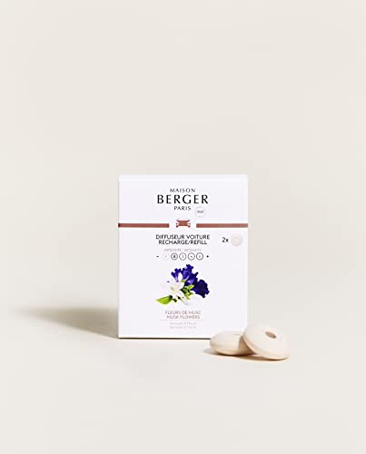 Image of Maison Berger Car Diffuser Refill Set, Musk Flowers | Tuberose Jasmine White Musk Notes, 2 Ceramic Inserts, Fits Maison Berger Vent Clips, 4-Week Diffusion, Made in France