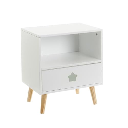 LOLAhome - Mesita de Noche Infantil con Estrella Tallada en Madera de Pino Blanca de 40x30x50 cm. Incluye cajón con guías metálicas para organizar Objetos y Dar un Toque Dulce al Dormitorio.