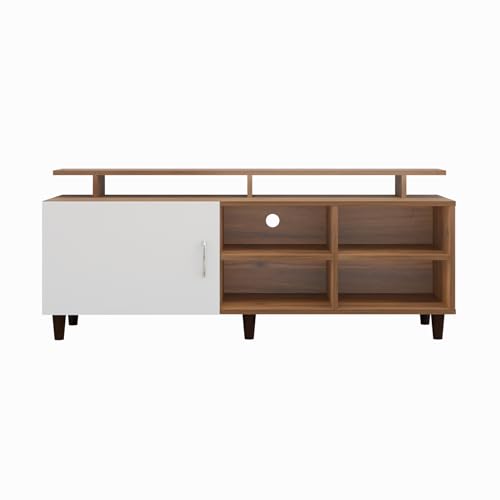 Image of VIKI Modern TV Unit for Living Room | Engineered Wood TV Cabinet with 1 Door Storage, 2 Open Shelves & Extension, Entertainment Unit, 140W x 48H x 40D cm | DIY | 1 Year Warranty (Walnut & White)