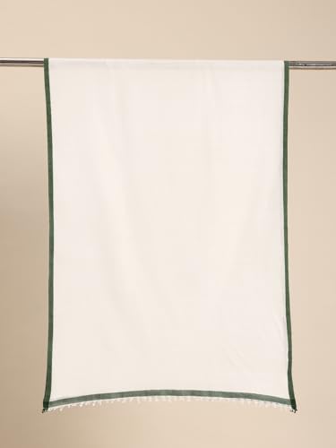 ASVA Handwoven Off-White Cotton Scarf with Green Border and Selvedge, Elegant Christmas Collection Accessory for Women3