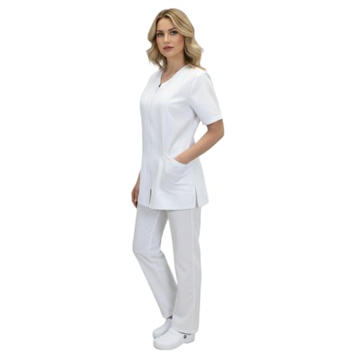 Uniforme completo de enfermera blanca sanitaria OSS de trabajo con cremallera para hospital estética, Color blanco., S