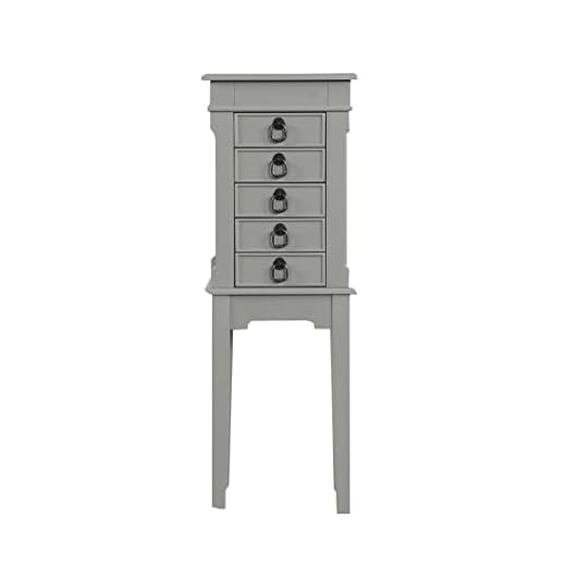 Hives and Honey Meg Jewelry Armoire - Modern Wood Storage Organizer with Necklace Hooks, 5 Drawers, and Vanity Mirror, Grey