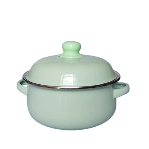 QAZWZG Cacerola Olla for estofado de Doble ASA Gruesa de 7 Pulgadas, tazón de Sopa esmaltado de Porcelana de 1,5 l con Tapa, tazón for Fideos instantáneos, Olla de Cocina de inducción(Green)