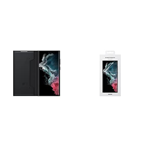 Samsung Galaxy S22 Ultra LED View Cover, Protective Phone Case, Tap Control, Card Pocket, Customizable, Shockproof, US Version, Black, (EF-NS908PBEGUS) & S22 Ultra Screen Protector, Clear
