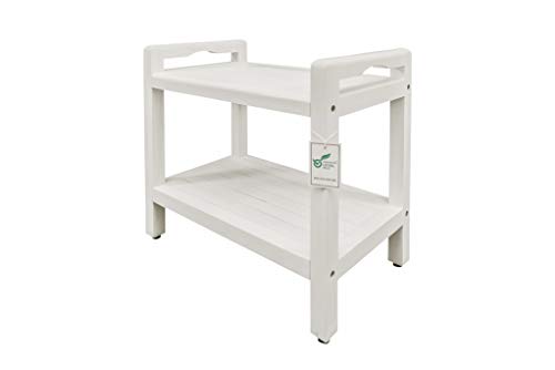 CoastalVogue Eleganto Teak Shower Stool with LiftAid Arms and Shelf, 24 inches, Driftwood - Image 4