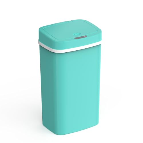 Touchless Motion Sensor Smart Trash Can Handsfree Wave Open Soft Close Low Noise Bathroom Bedroom Dual Seal Removable Inner Lid Odorless Storage Auto Shut Battery Operated Plastic For Home (Teal Blue)
