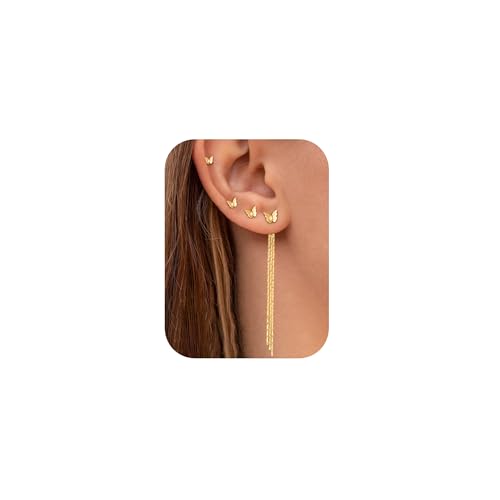 Image of Roheafer 4 Pairs 14K Gold Plated Stud Earrings for Women Hypoallergenic Cartilage Earrings for Multiple Piercing Dainty Dangle & Threader Chain Flower Wedding Earring Stacks for Brides(G Butterfly)