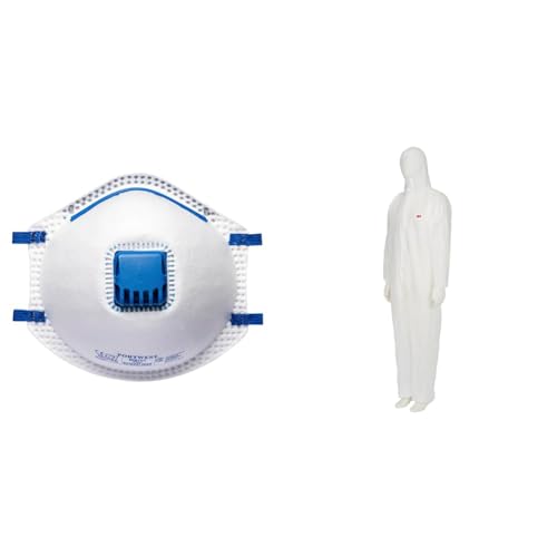 Portwest Masque FFP2 avec valve, Couleur: Blanc, P201WHR & 3M Combinaison de Sécurité avec Capuchon, en Polypropylène, Blanc, Taille M